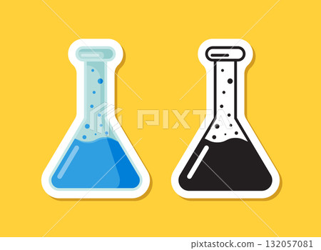 Science lab bottle sticker icon in flat style. Laboratory glassware equipment vector illustration on isolated background. Test tube sign business concept. 132057081