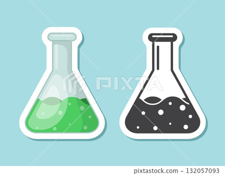 Science lab bottle sticker icon in flat style. Laboratory glassware equipment vector illustration on isolated background. Test tube sign business concept. 132057093