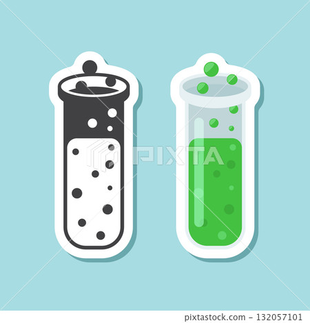 Science lab bottle sticker icon in flat style. Laboratory glassware equipment vector illustration on isolated background. Test tube sign business concept. 132057101
