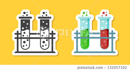 Science lab bottle sticker icon in flat style. Laboratory glassware equipment vector illustration on isolated background. Test tube sign business concept. 132057102