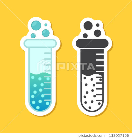 Science lab bottle sticker icon in flat style. Laboratory glassware equipment vector illustration on isolated background. Test tube sign business concept. 132057106