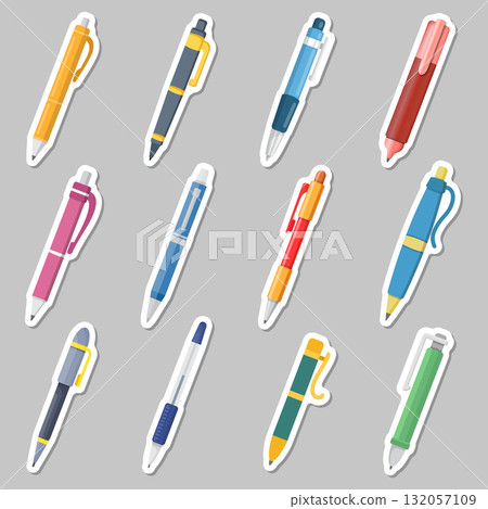 Ballpoint pen stickers icon set collection in flat style. Office tool vector illustration on isolated background. School equipment sign business concept. 132057109
