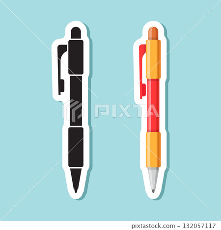 Ballpoint pen sticker icon in flat style. Office tool vector illustration on isolated background. School equipment sign business concept. 132057117