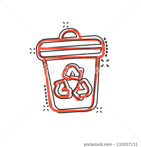 Garbage bin icon in comic style. Recycle cartoon vector illustration on white isolated background. Trash basket splash effect sign business concept. 132057131