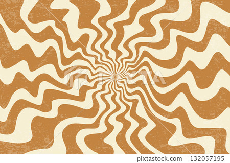 Groovy retro background with pattern of spiral psychedelic caramel and cream wavy rays. 70s abstract swirl vector sunburst design. Vintage funky radial candy poster. Striped playful circular bg Groovy retro background with pattern of spiral psychedelic caramel and cream wavy rays. 70s abstract swirl vector sunburst design. Vintage funky radial candy poster. Striped playful circular bg 132057195
