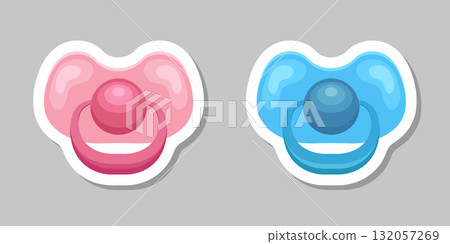 Baby pacifier sticker icon in flat style. Nipple for newborn child vector illustration on isolated background. Soother sign business concept. 132057269