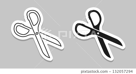 Scissor sticker icon in flat style. Cutting hair equipment vector illustration on isolated background. Hairdressing sign business concept. 132057294
