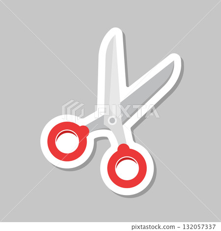 Scissor sticker icon in flat style. Cutting hair equipment vector illustration on isolated background. Hairdressing sign business concept. 132057337