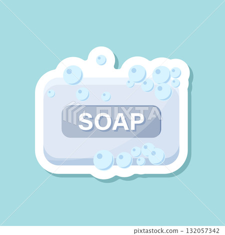 Bar of soap with foam sticker icon in flat style. Cosmetic product for hygienic vector illustration on isolated background. Toiletries sign business concept. Bar of soap with foam sticker icon in flat style. Cosmetic product for hygienic vector illustration on isolated background. Toiletries sign business concept. 132057342
