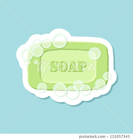 Bar of soap with foam sticker icon in flat style. Cosmetic product for hygienic vector illustration on isolated background. Toiletries sign business concept. 132057343