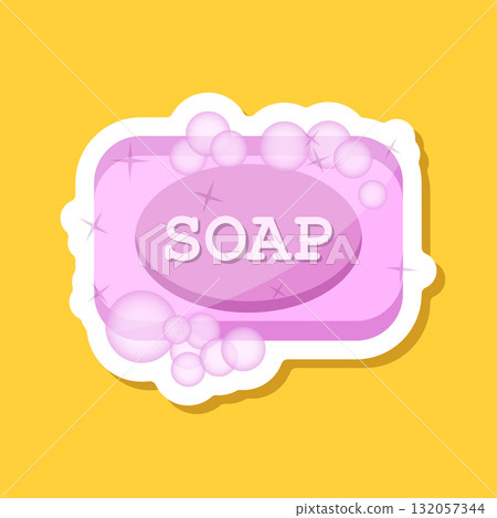 Bar of soap with foam sticker icon in flat style. Cosmetic product for hygienic vector illustration on isolated background. Toiletries sign business concept. Bar of soap with foam sticker icon in flat style. Cosmetic product for hygienic vector illustration on isolated background. Toiletries sign business concept. 132057344
