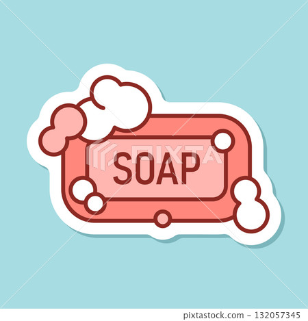 Bar of soap with foam sticker icon in flat style. Cosmetic product for hygienic vector illustration on isolated background. Toiletries sign business concept. Bar of soap with foam sticker icon in flat style. Cosmetic product for hygienic vector illustration on isolated background. Toiletries sign business concept. 132057345