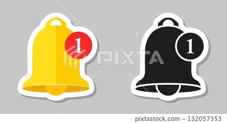 Notification bell sticker icon in flat style. Incoming inbox message vector illustration on isolated background. Ringing bell sign business concept. 132057353