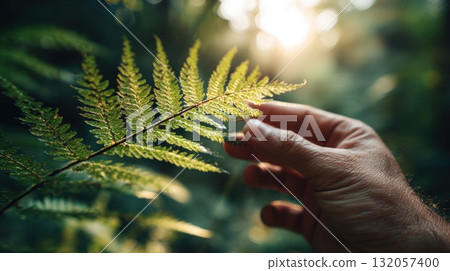 Close Up Of A Hand Holding A Fern Frond In Warm Forest Light 132057400