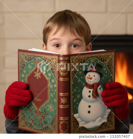 boy in red mittens reading a book about a snowman by the fireplace 132057407