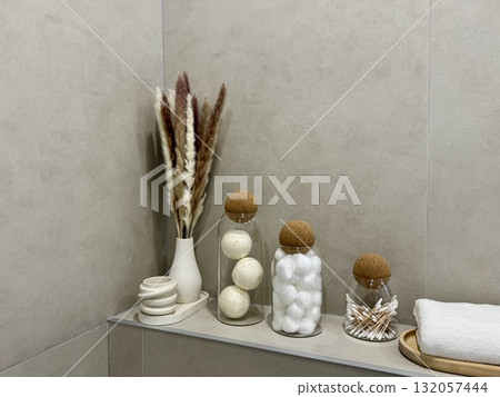 bathroom decor in bright colors in a modern apartment interior 132057444