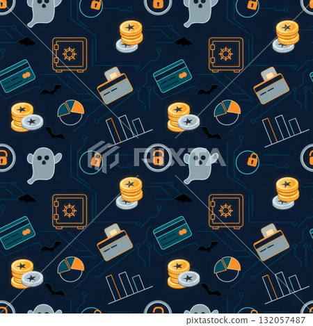 financial pattern ghosts, safes, cards, coins, charts on dark background financial pattern ghosts, safes, cards, coins, charts on dark background 132057487