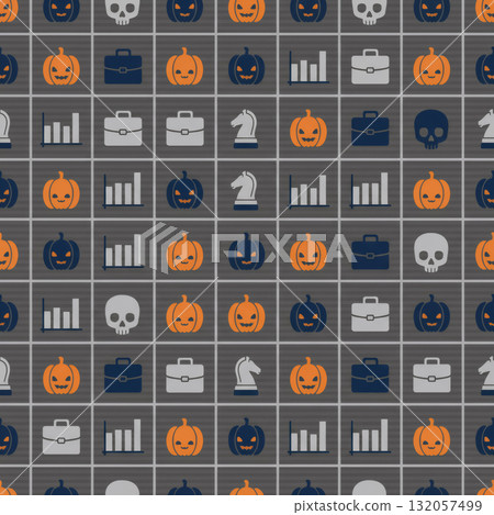 business halloween pattern: pumpkins, briefcases, charts, chess pieces, skulls on gray background business halloween pattern: pumpkins, briefcases, charts, chess pieces, skulls on gray background 132057499