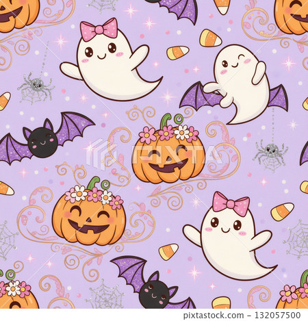 cute glamour pattern pumpkins, ghosts, bats, spider webs on a lilac background 132057500