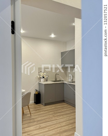 new stylish kitchen set in a modern apartment interior 132057521