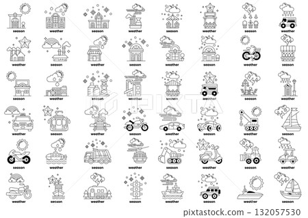 set of illustrations in the concept of vehicles in various weather conditions in line art style 132057530