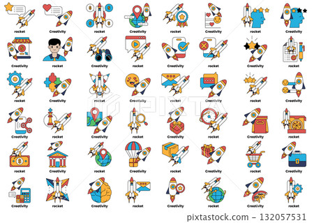 set of illustrations in the concept of rockets and various objects in line art style 132057531