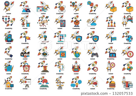 set of illustrations in the concept of rockets and various objects in line art style 132057533