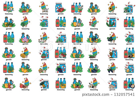 set of illustrations in the concept of various seasonings in a line style 132057541