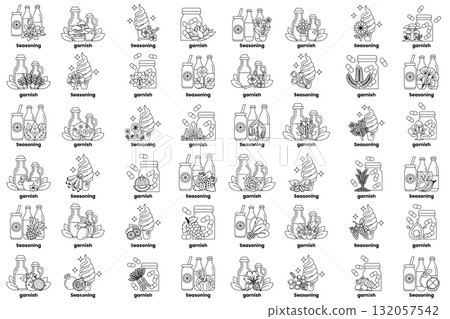 set of illustrations in the concept of various seasonings in a line style set of illustrations in the concept of various seasonings in a line style 132057542