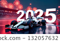formula 1 race car on track with large 2025 numbers and fireworks 132057632