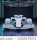 front view of a white f1 bolid in a studio with futuristic neon light backdrop 132057633