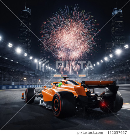 orange formula 1 car on a night street circuit with big fireworks display 132057637