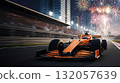 orange formula bolid on city track with skyscrapers and fireworks 132057639