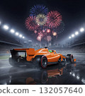 orange formula bolid on wet track at night under fireworks 132057640