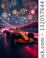 two formula bolids on night track under bright fireworks, sport 132057644