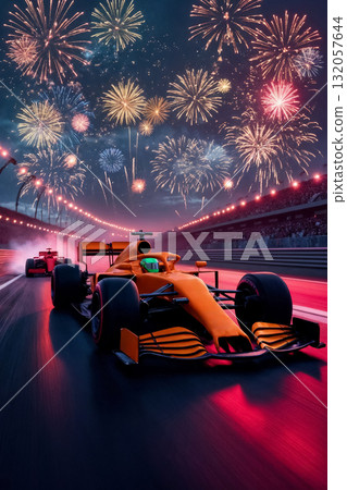 two formula bolids on night track under bright fireworks, sport 132057644