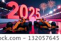 two orange f1 cars on track with large 2025 numbers and fireworks, new season 132057645