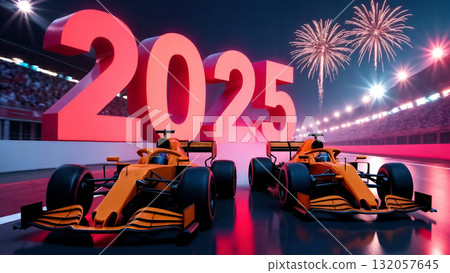 two orange f1 cars on track with large 2025 numbers and fireworks, new season 132057645