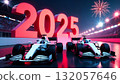 two white formula bolids on track at night with 2025 numbers 132057646