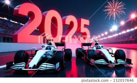 two white formula bolids on track at night with 2025 numbers 132057646