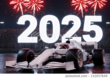 white formula bolid on track at night with large 2025 numbers 132057649