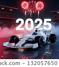 white formula bolid on wet track with 2025 numbers and fireworks 132057650
