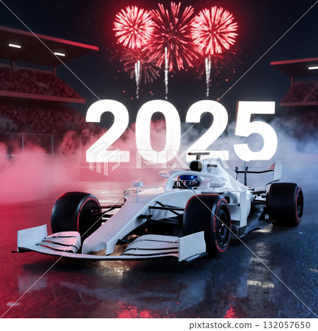 white formula bolid on wet track with 2025 numbers and fireworks 132057650