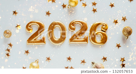 Metal numbers 2026 on a white table. Happy New Year 2026 is coming concept. 132057653