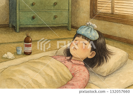 昭和時代的場景：感冒的女孩 132057660