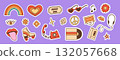 Retro Y2K aesthetic sticker pack with funky nostalgic symbols and playful pop culture designs. Trendy decorative collection for scrapbooking, laptops, planners, digital projects. Vector illustration. 132057668