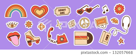Retro Y2K aesthetic sticker pack with funky nostalgic symbols and playful pop culture designs. Trendy decorative collection for scrapbooking, laptops, planners, digital projects. Vector illustration. 132057668