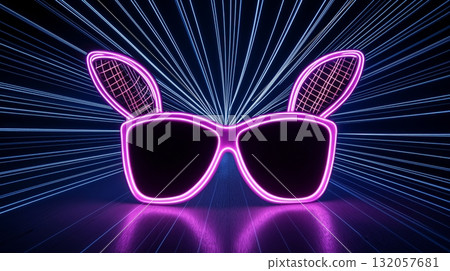 Glowing neon sunglasses with bunny ears against radiating blue light beams Glowing neon sunglasses with bunny ears against radiating blue light beams 132057681