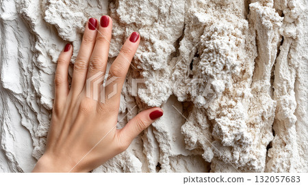 Female caucasian hand with red nails touching textured white rock surface Female caucasian hand with red nails touching textured white rock surface 132057683