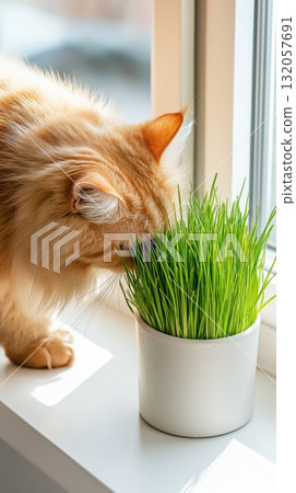 Orange tabby cat sniffing fresh green grass in a white pot by a sunny window 132057691